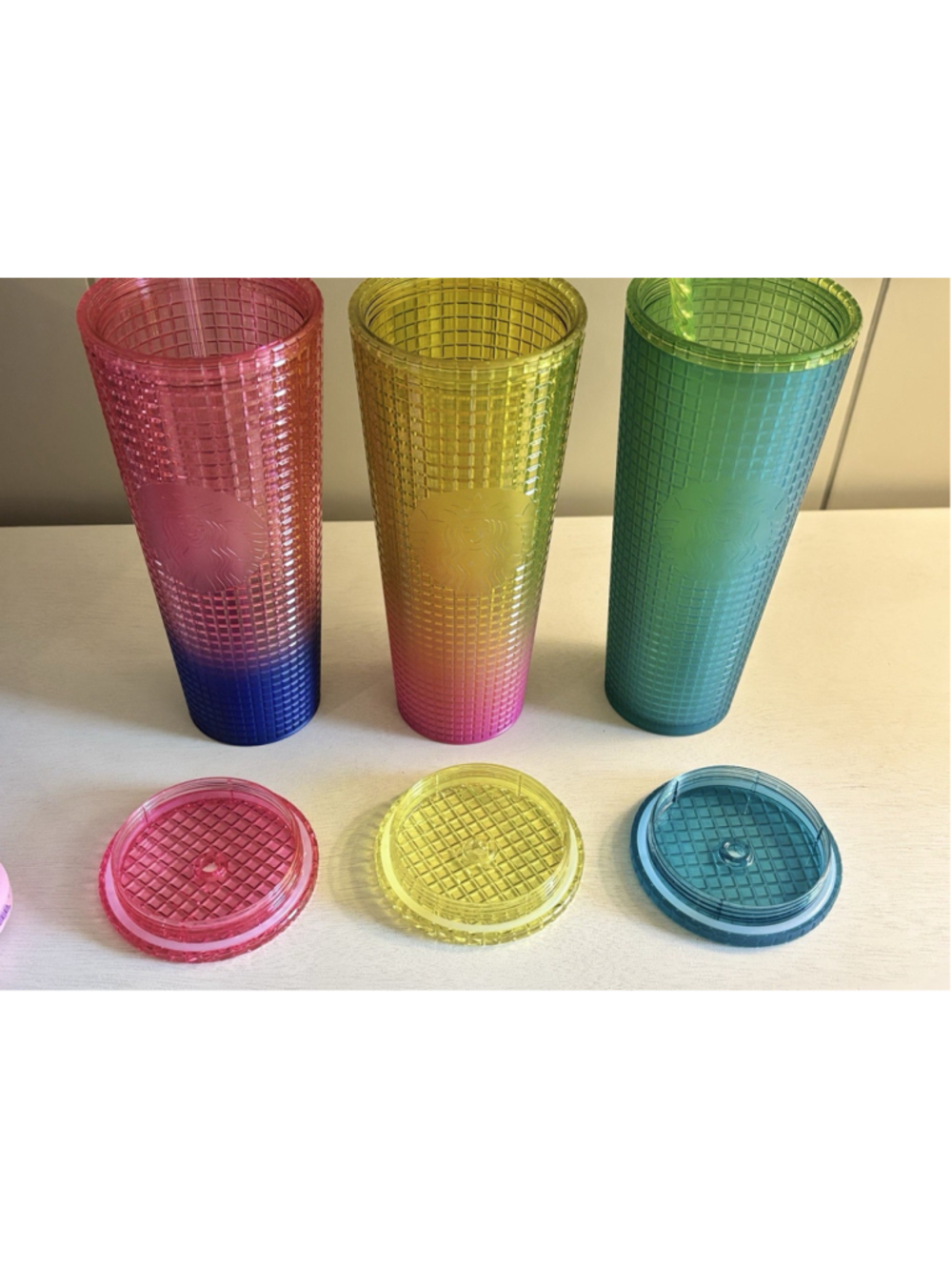 Lot (3) Starbucks Tumbler 24 oz Venti Iridescent Ombré Grid Vibrant Pink Green + - Picture 9 of 12